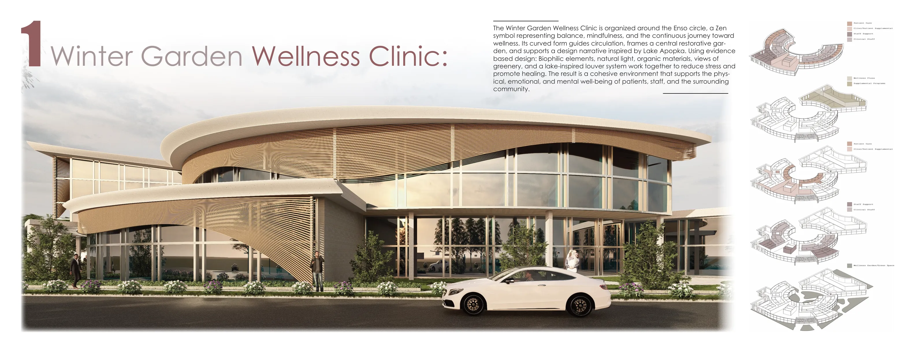 Winter Garden Wellness Clinic - exterior render and massing diagrams