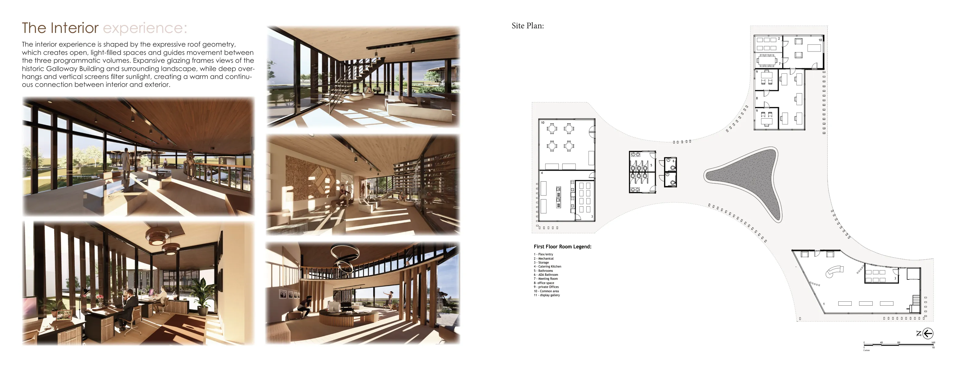 Galloway Addition - site plan, first floor room legend, and interior experience