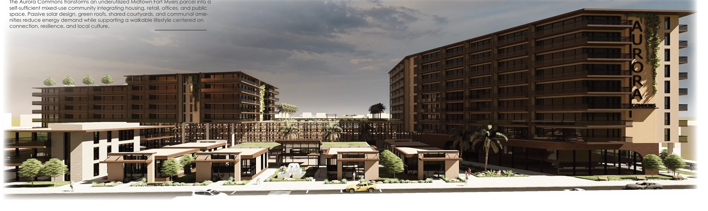 The Aurora Commons street render with stacked residential volumes