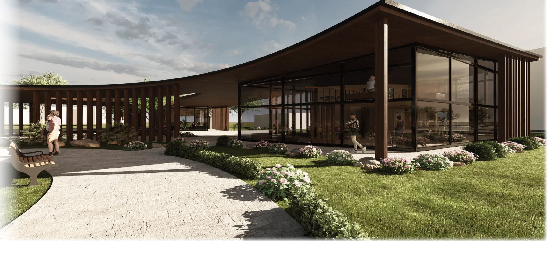 Galloway Addition exterior render with the sweeping roof canopy