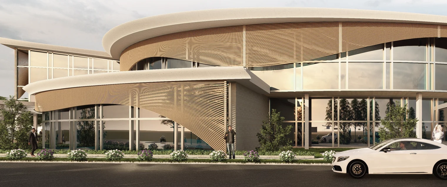 Winter Garden Wellness Clinic exterior render with curved wood louvers